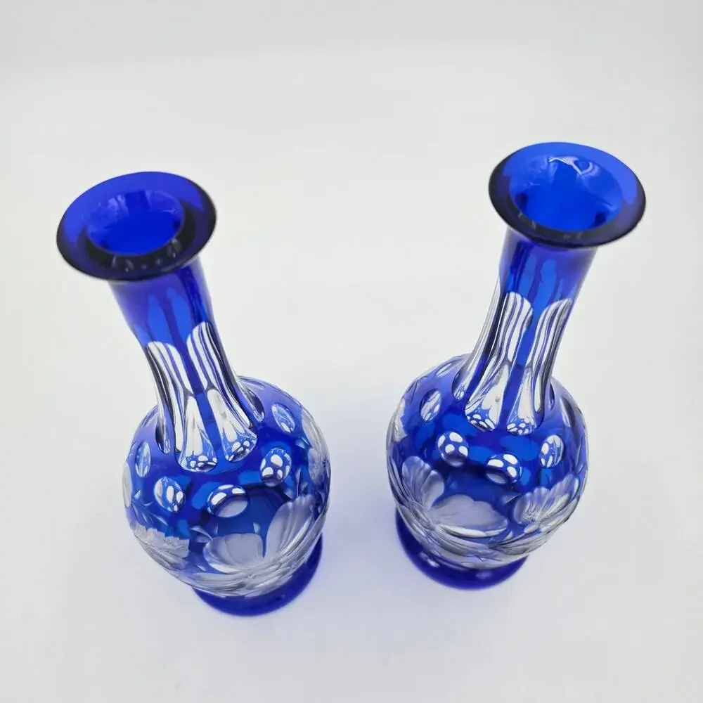 Vintage Bohemian Cobalt Blue Cut to Clear Glass Floral Dot Carafes - Pair 10.5